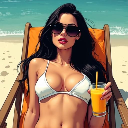 A woman sunbaths on a beach chair. She wears a white bikini and sunglasses. Hair flows over her back. She holds orange juice. The image features comic noir style with dramatic lighting and bold inking.