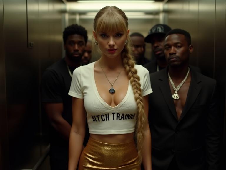 Scene set in crowded elevator with an attractive woman posing. Woman wears a white cropped t-shirt with text. Deep cleavage visible and wearing a gold miniskirt. Other men surround her. Man wears gold chains. Background features metallic elevator walls.