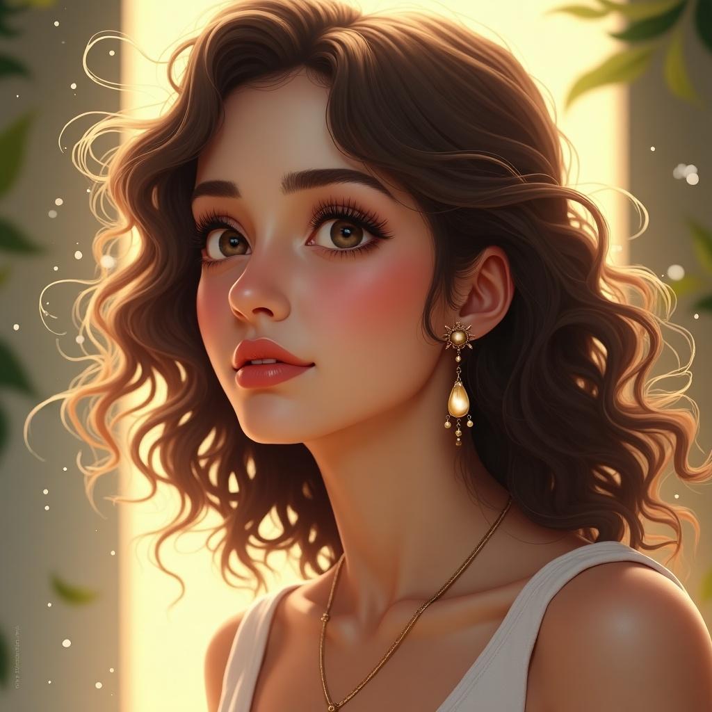 Digital artwork depicts a young woman with delicate features gazing softly. She has expressive eyes and gentle waves of brown hair with a natural blush on her cheeks. The image is illuminated with soft warm light, creating shadows that enhance her serene aura. Elegant earrings and necklaces add sophistication. The setting is surrounded by magical light.