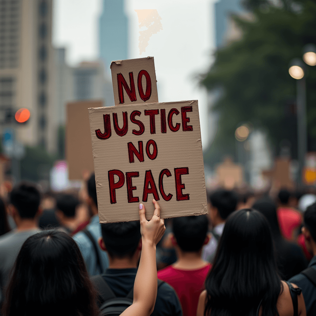 A protester holds a sign reading "No Justice No Peace" amid a crowd during a demonstration.