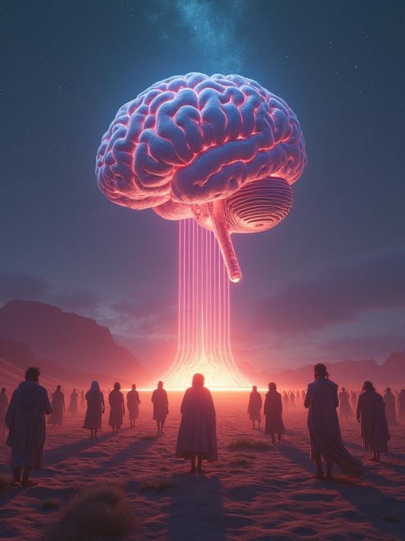 Wide shot featuring a floating brain idol illuminated above a glowing platform in a desert. Diverse tribes depicted bowing in reverence. Sci-fi and ancient ritual elements combined. Twilight background showcases emerging stars. Surreal colors create a mystical, futuristic ambiance.