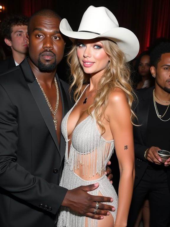 A celebrity couple at an awards show after party. Male rapper and female country singer posing together. The woman has curly blonde hair and wears a trendy fringe dress with cowboy hat. The man has a confident expression, holding her closely. Soft lighting enhances the celebratory atmosphere.