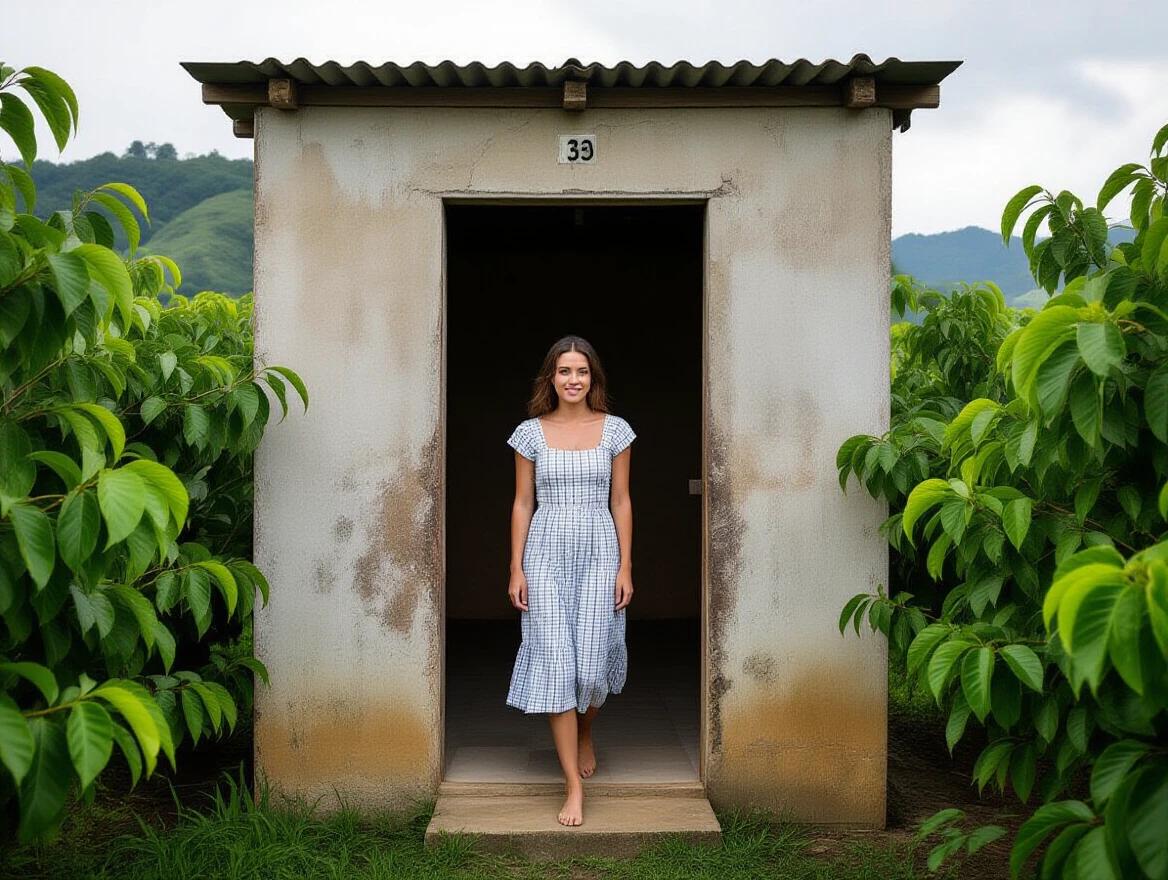 Girl in a blue checkered dress walks barefoot towards an open door of a small shed in a coffee field. Lush green plants surround the entrance. Soft natural light illuminates the scene.