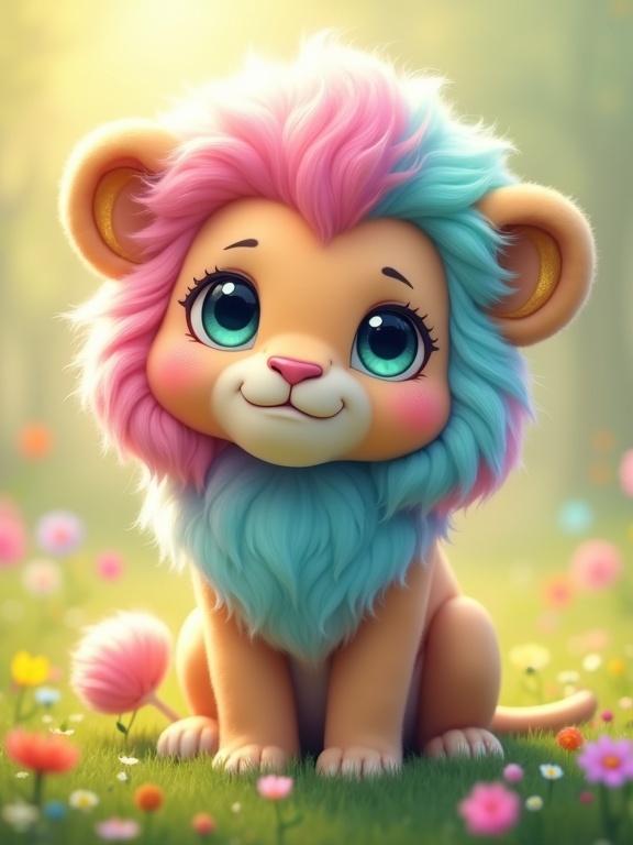A cute lion-like creature with vibrant fur colors. Features a fluffy pink, blue, and teal mane. Large teal eyes, peach-colored face, fluffy body fading into lighter blue. Surrounded by colorful flowers in a soft green meadow. Soft golden light creates a whimsical atmosphere.