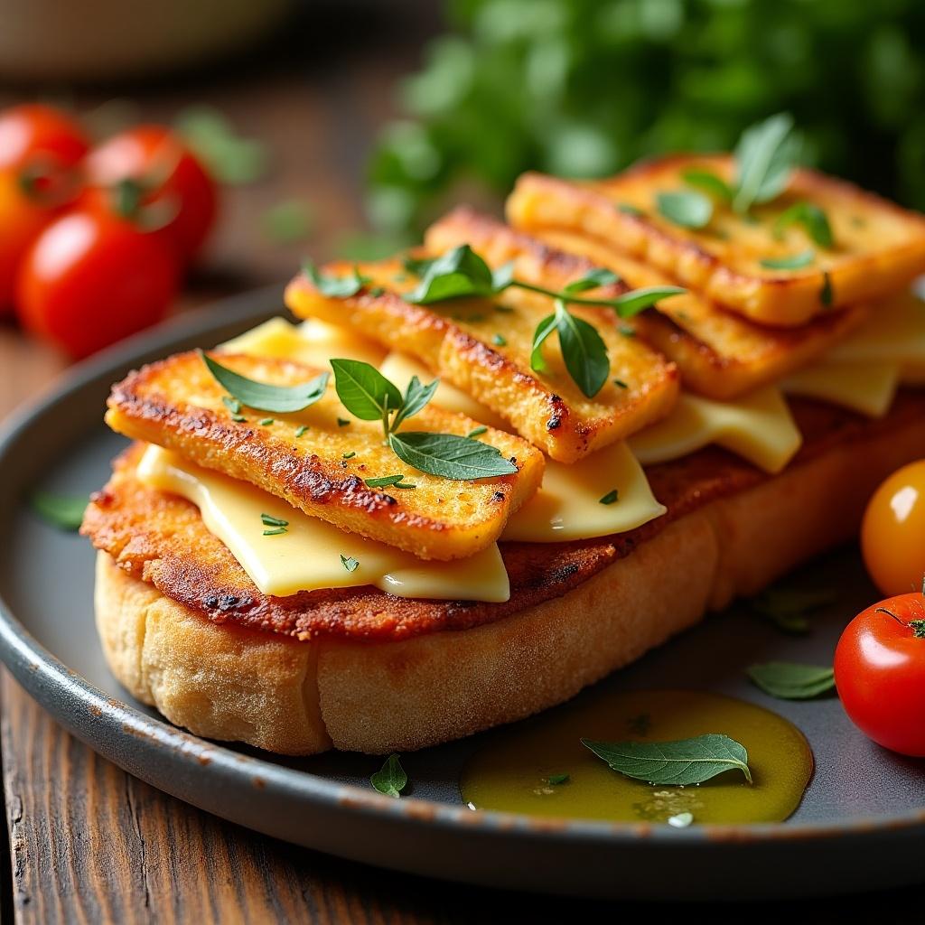 This image showcases a delicious plate of halloumi and cheese toast. The toast is beautifully arranged, featuring golden brown grilled halloumi slices layered on top of creamy cheese, all resting on a crusty piece of bread. Fresh herbs are sprinkled on top, adding a vibrant touch alongside cherry tomatoes. The setting is warm and inviting, perfect for a cozy brunch. This dish is not only visually appealing but also sounds incredibly appetizing, ideal for food enthusiasts. The rustic wooden background enhances the overall presentation of the dish.