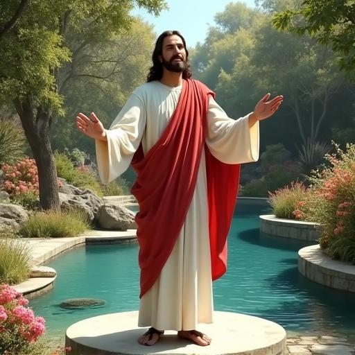 Jesus stands on a white oval stone in a long white robe with a red sash. He smiles and stretches His hand towards the viewer. Background features a beautiful floral garden and a serene blue pond.