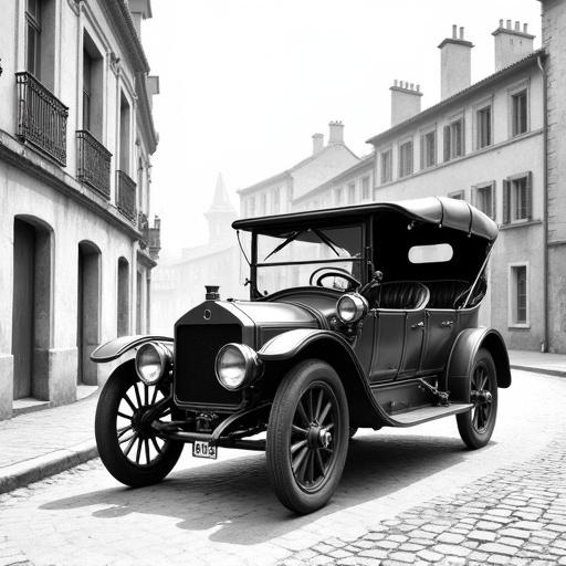 Image of a classic automobile with a convertible top parked on a cobblestone street. The car features leather seats, round headlights, and elegant fenders. Background shows classic European buildings. The style is retro and detailed with precise shading.