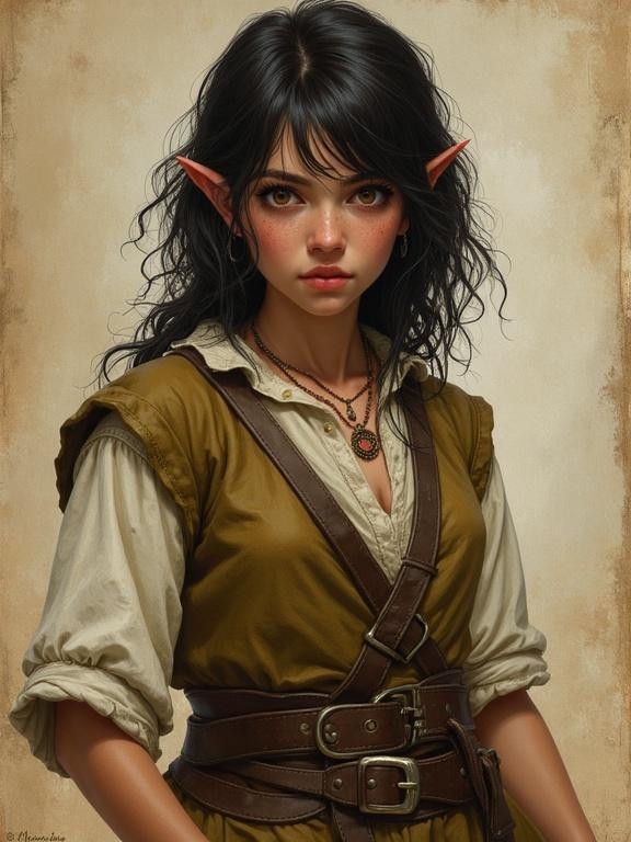 Detailed portrait of a halfling thief with dark hair and pointed ears. Character shows freckles and brown eyes. Worn parchment-like background adds context. Digital art captures fantasy essence in semi-realistic style reminiscent of Antonio J. Manzanedo.