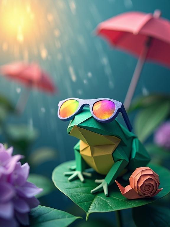 A smartphone wallpaper combines an origami style and sunny rain-filled sky. Colorful paper umbrellas float. A paper frog wears glowing rainbow sunglasses. Nearby, an origami snail rests on a hydrangea leaf.