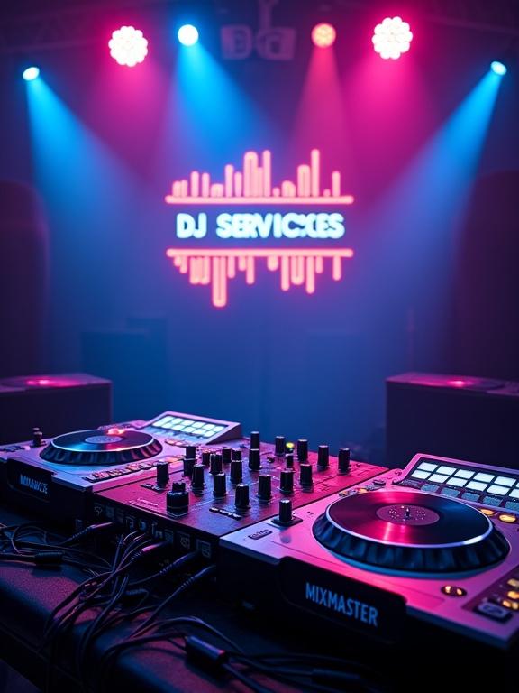 DJ equipment in vibrant stage lights. Professional setup with turntables and mixer. Neon blue and purple lights create ambiance. Vinyl records arranged around setup. Floating headphones on mixer. Background features powerful sound system with speakers and subwoofers. Colorful sound waves in air. Stage lights emit various beam angles. Light smoke enhances light beams. Floating logo with 'DJ SERVICES' in neon font. LED wall displays rhythmic audio visuals.