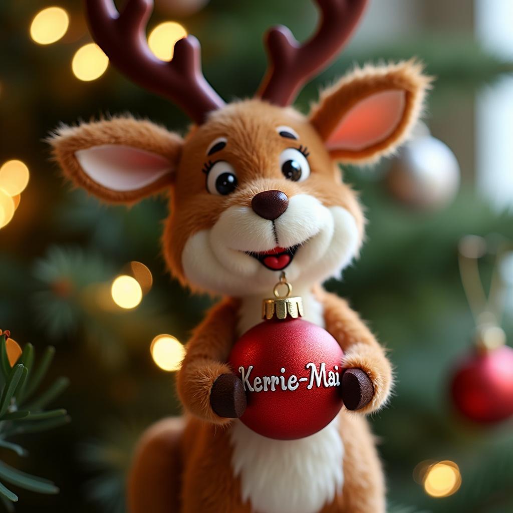 Reindeer holds a red ornament with the name Kerrie-Mai. Background features a Christmas tree.