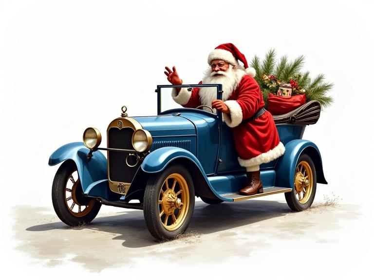 Illustration of Santa Claus in a blue 1928 Ford Model A car. Santa has a long white beard and is wearing a red suit. Christmas decorations adorn the car. A Santa bag of toys is on the ground. Background is white and very detailed.