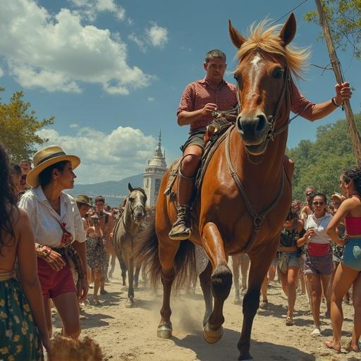 Image depicting a man riding a horse leading a crowd at a festival during a sunny day
