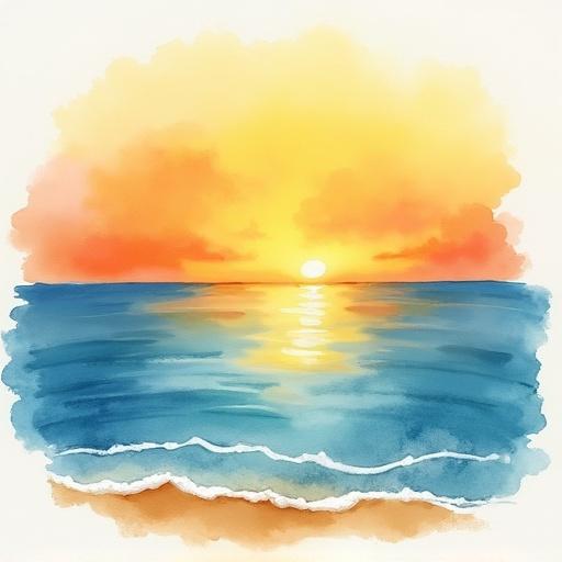 Watercolor artwork showing sunset in pastel colors. Yellow and orange hues blend over a calm, deep blue sea. A sandy beach is visible at the bottom of the image.