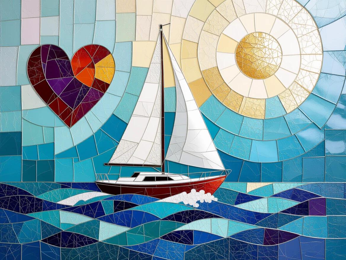 Iridescent ceramic tile and glass mosaic features a sailboat on abstract waves. The scene depicts a heart and sun. Rich colors used. Ethereal and colorful design with crinkled metallic accents. Soft bokeh effect adds depth. Perfect for art and design purposes.