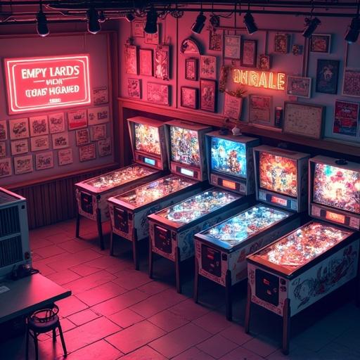 Pinball gaming room depicted in isometric view. Features vibrant, saturated colors. Neon lights illuminate the space with a lively atmosphere. Multiple pinball machines arranged in rows.