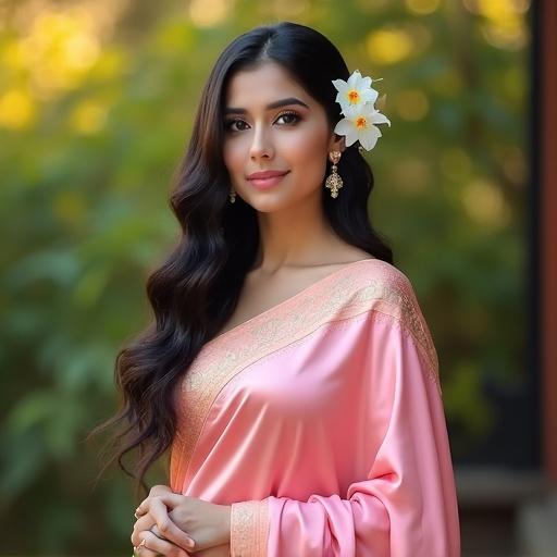 Portrait of a beautiful Asian woman wearing an elegant pink silk saree. Saree features intricate gold embroidery. Long dark hair styled in loose waves adorned with jasmine flowers. Makeup is natural with a soft pink lip color. She stands in a traditional garden at golden hour. Background is blurred with lush greenery. The image captures the graceful drape and pleats of the saree in a three-quarter view.