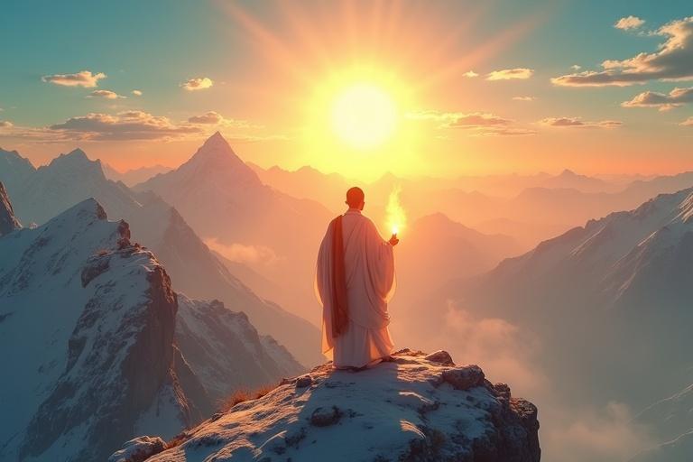A high-quality YouTube thumbnail depicting Milarepa’s spiritual transformation. Milarepa stands on a snow-capped peak under a golden sunrise. He wears a flowing white Tibetan robe. A glowing butter lamp is in his hand. A vibrant valley with prayer flags and a cliff-side monastery is in the background. Young Milarepa's shadow fades in the backdrop. The contrast between past and present is captured vividly.