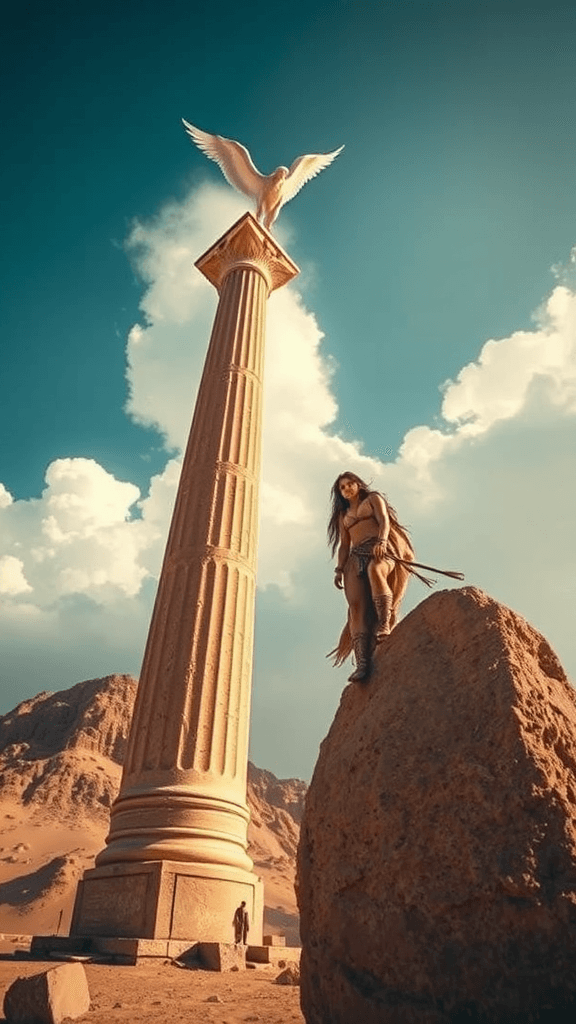 A robed figure stands on a large rock beside a towering column topped with a winged statue, set against a dramatic desert landscape with mountains.