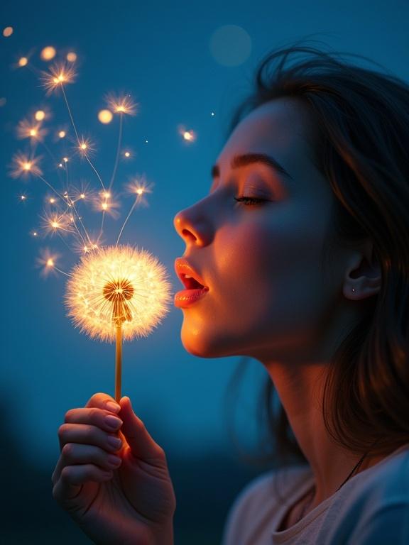 Beautiful woman blowing a glowing dandelion flower. Dandelion seeds fly into bluish night sky. Woman has a happy and curious expression. Background features the Milky Way. Photorealistic details with sharp focus and cinematic style.