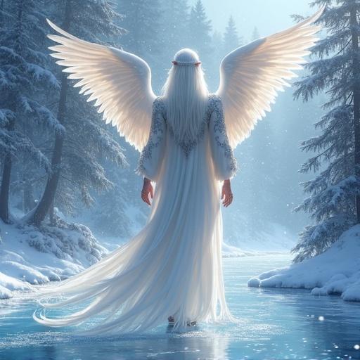 A serene elven man stands gracefully above a sparkling icy lake. He has long white hair and is draped in a flowing white coat with silver embroidery. Two majestic wings extend from his back. Snow falls gently around him in a mystical forest. The scene is bathed in a celestial glow. Dominant colors are deep blue and soft purple.