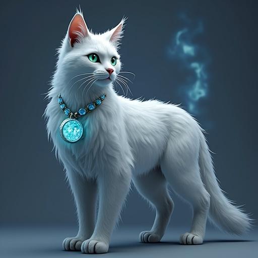 A 3D rendering of a majestic white Maine Coon cat. The fur is sleek with silver and blue undertones. The cat has almond-shaped icy green eyes and a long elegant tail. A moon-shaped pendant glows around its neck. The cat stands gracefully, embodying a guardian with a wise expression. It appears to be in a magical setting with a strong sense of presence and elegance.