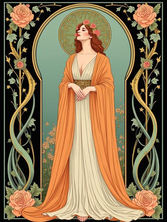 Vibrant Art Nouveau female figure shown waist up. Stands before tall arched window framed with vines. Hands hidden beneath embroidered shawl. Long hair cascades in waves adorned with floral crown. Gazes to side with dreamy smile. Dress and shawl feature ornate folds. Background filled with ornamental curves and florals. Color palette includes soft gold, light orange, warm peach, antique cream, pale turquoise, dusty pink, subtle moss.