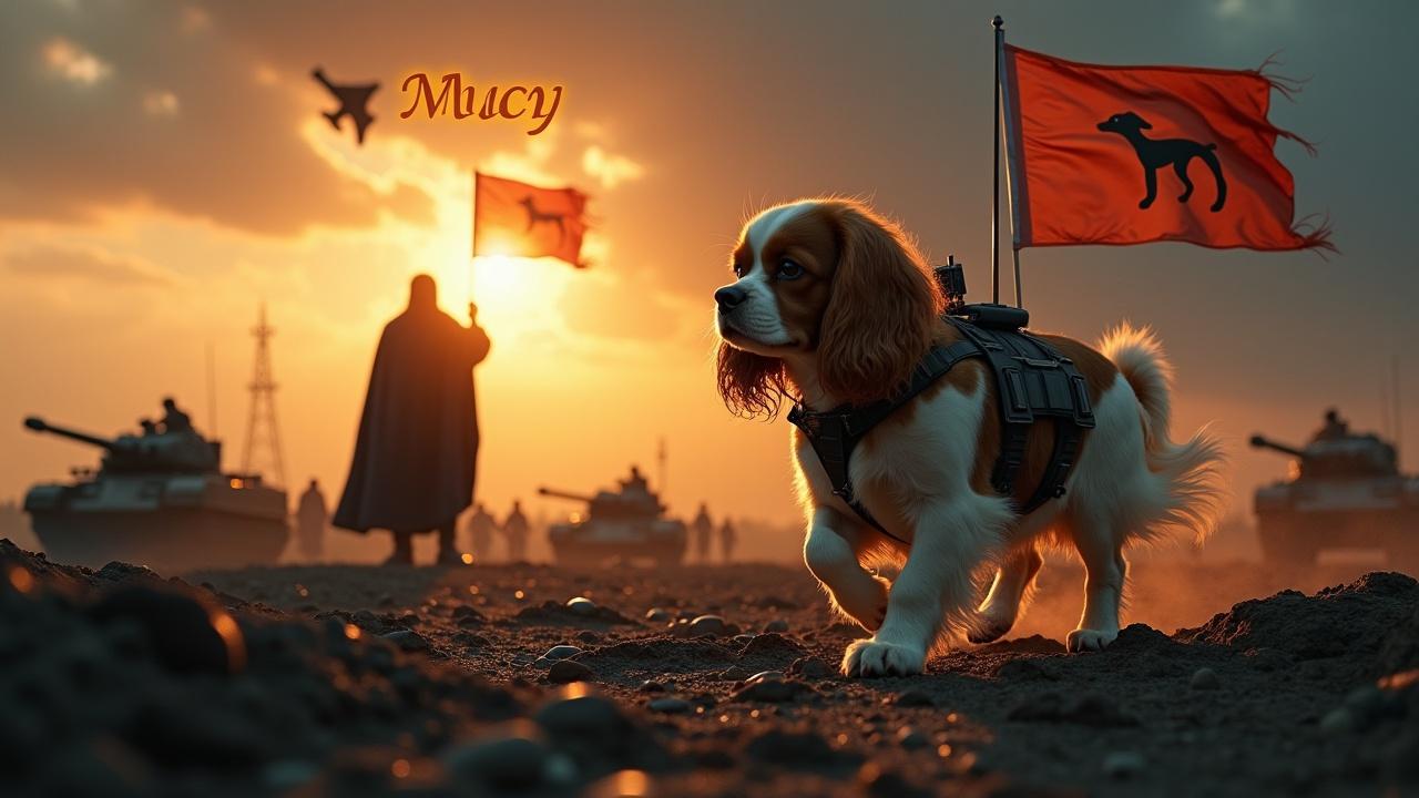 In a gloomy and dark setting, a fluffy brown and white Cavalier King Charles Spaniel walks across a desolate battlefield. The dog has a radar strapped to its back, adding a whimsical touch to the scene. Nearby, a cloaked figure stands valiantly, holding a flag with a distinctive dog emblem. In the background, small soldiers and tanks peek through the shadows, hinting at a larger conflict. The sky is aglow with the bright radiance of the sun, casting a dramatic light over the landscape. A jet fighter can be seen zooming overhead. The text 'Mucy' is prominently displayed in bold, fiery writing, adding to the image's storytelling element.