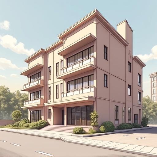 A modern commercial building with balconies and large windows in a lush urban environment.