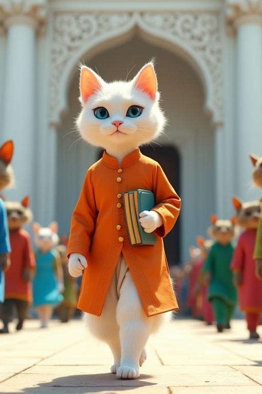 A cinematic scene outside a colonial-style building. A white cat with blue eyes walks on two legs. The cat wears an orange kurta and white dhoti while holding books. The cat's expression is determined and nervous. The backdrop includes a crowd of anthropomorphic creatures in colorful clothing. Bright, sunny weather with detailed textures and carvings on the building.