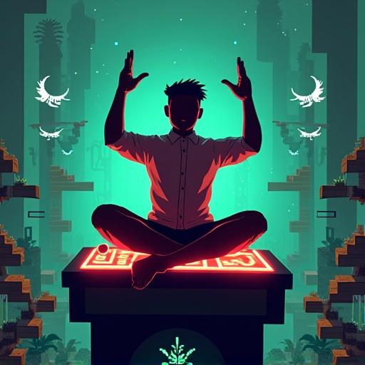 A minimalist pixel art representation of a Malay man in baju Melayu and songkok. He sits cross-legged on an arcade cabinet glowing with abstract imagery. One hand holds a game controller designed with traditional motifs. The display shows pixel art that incorporates cultural symbols. The scene is vibrant with floating platforms and pixelated dragons. The artwork merges cultural elements with digital gaming aesthetics.