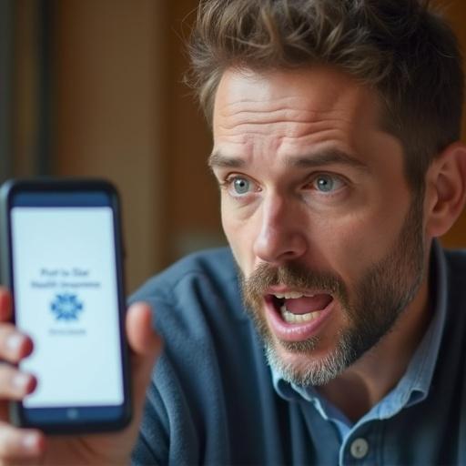 A surprised man shows an impressed expression. Another person's hand holds a mobile phone displaying a message related to health insurance. The scene is indoors with natural lighting. The mobile phone screen is readable. The focus is on the man's astonished face while the background remains blurred.