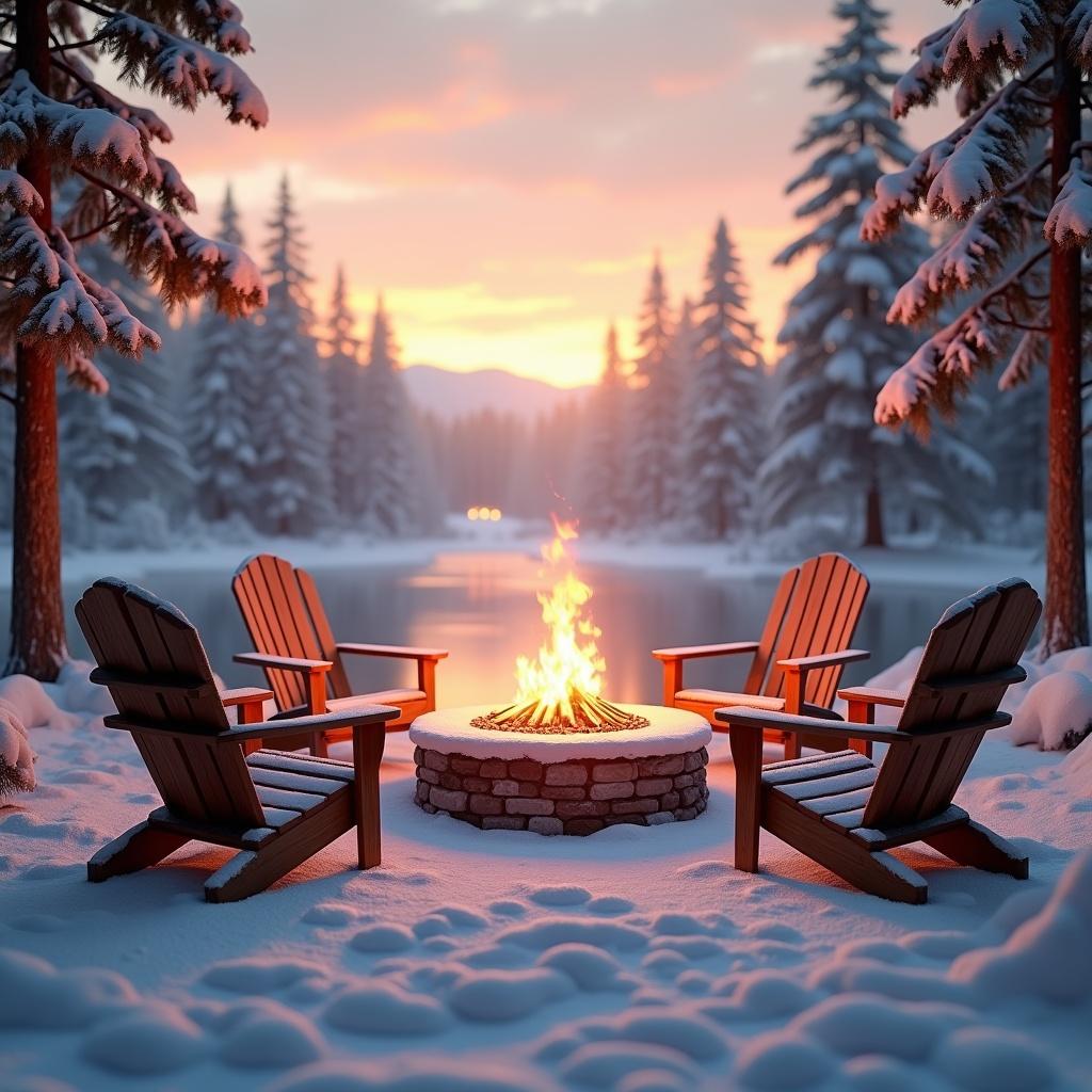 Cinematic 3D rendering of a winter sunrise at a lakeside cabin. Captures golden sunlight reflecting off a frozen lake. Surrounded by snow. A fire pit with warm flames in the center. Adirondack chairs invite relaxation in nature.