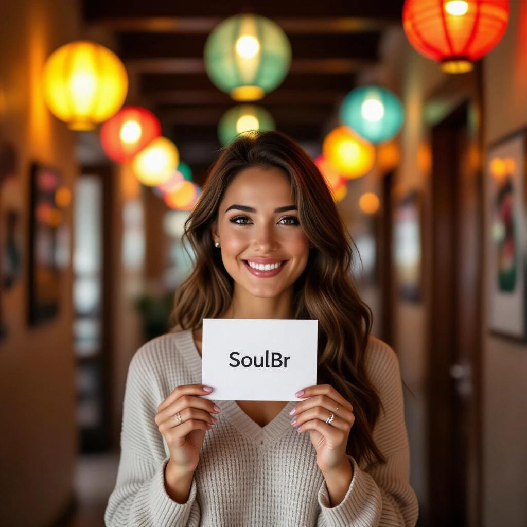 A woman holds a card that reads 'SoulBr'. She stands in a warmly lit hallway. Colorful paper lanterns hang above her.