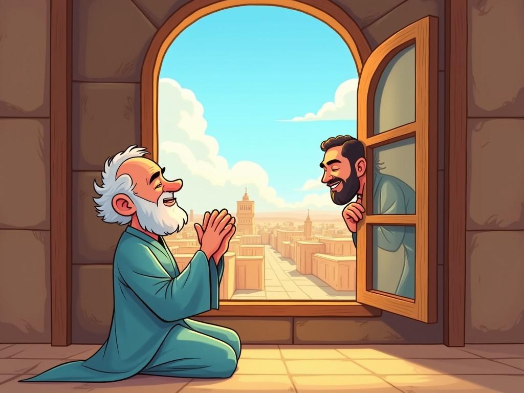 In ancient Babylon, a cheerful cartoon illustration depicts an old man kneeling by an open window, with his hands clasped in prayer and his eyes closed in serenity. The window frames a bright sky above the ancient Babylon city, showcasing its grand architecture and vibrant life outside. There is another man peeking at Daniel from outside the window, adding an element of curiosity. Daniel is wearing a simple yet peaceful light blue robe that adds a touch of fun to the scene. His face radiates happiness, reflecting a deep sense of joy and faith. The overall atmosphere conveys a blend of tranquility and the richness of Babylonian culture, highlighting the harmony between spirituality and daily life.