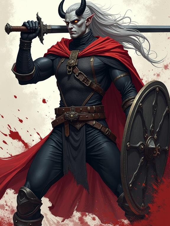 Anime-style digital illustration features a tall male tiefling with ash-gray skin and glowing amber eyes. He has long silver hair in a high ponytail and sleek black horns. Dressed in a chainmail shirt and red cloak, he holds a black longsword mid-swing. A shield is on his back with splashes of blood around him in a dynamic action pose. The illustration employs comic textures and thick outlines.