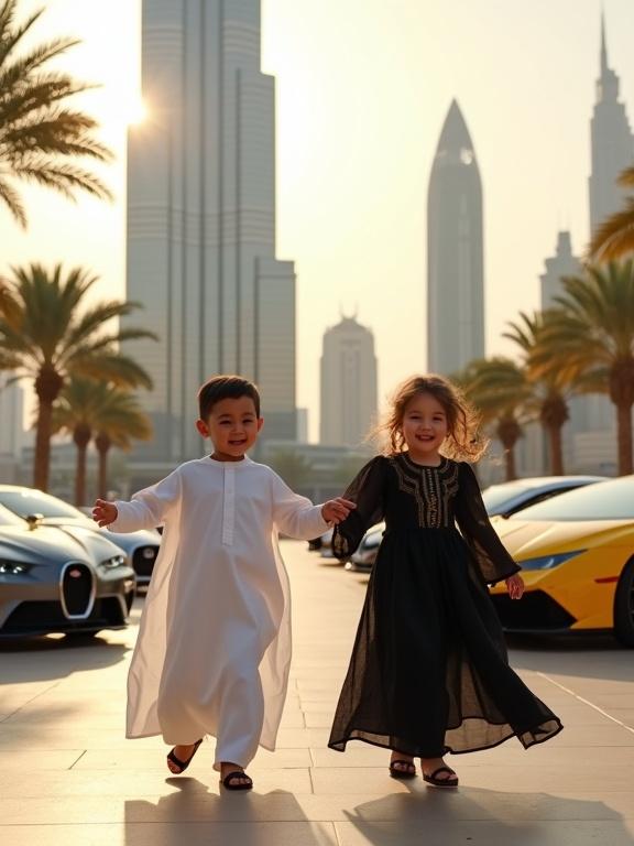 Vibrant scene with two toddlers dancing in front of Burj Khalifa. One child is a boy in a white thobe. The other is a girl in a black abaya with gold embroidery. Tropical palms and luxury cars surround them. Golden sunlight creates a warm atmosphere.
