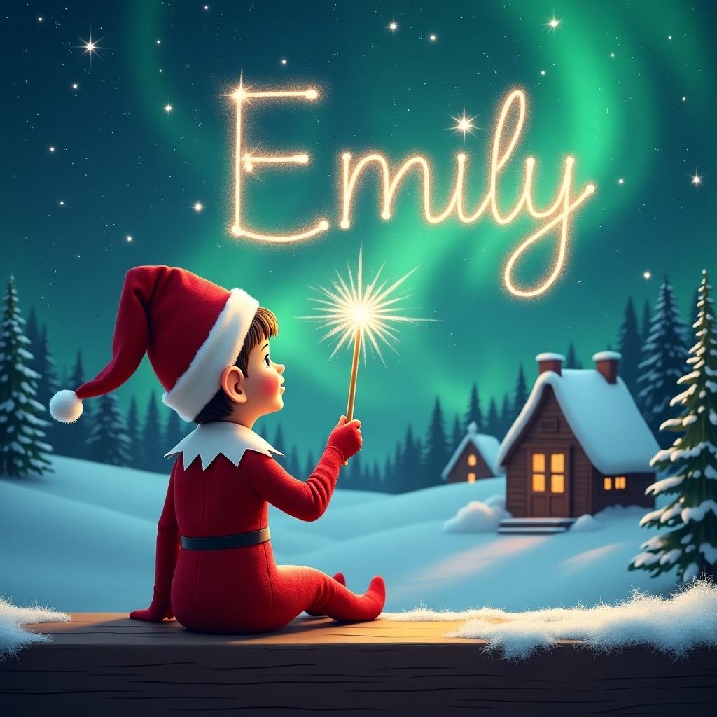 An elf sits on a wooden ledge gazing at a magical sky. The elf is dressed in a red outfit with a pointed hat and holds a sparkling wand. With the wand, the elf writes the name 'Emily' in the starry sky. The background features a snowy landscape with little houses and evergreen trees under the Northern Lights.