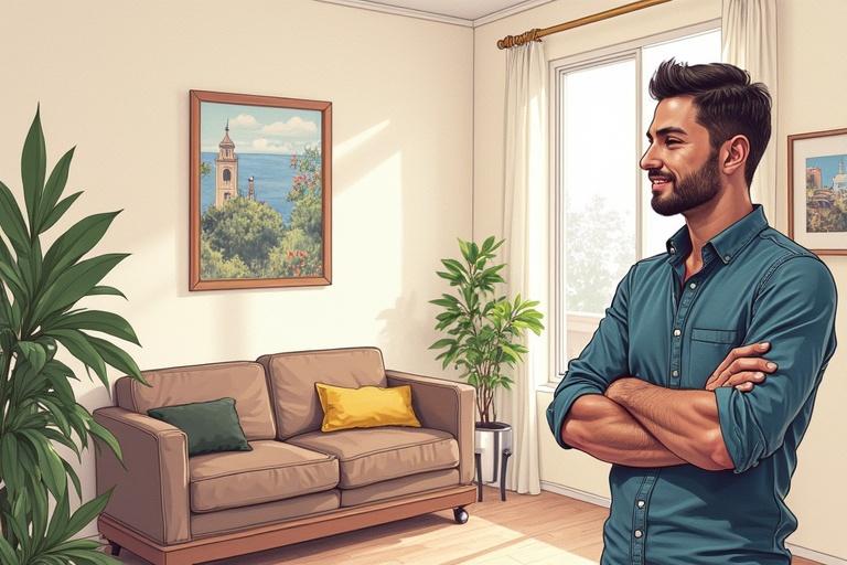 Create a unique and beautiful environment for a real estate agency. Include attractive decoration. Show a young and handsome seller in a Spanish city renting apartments. Feature the word 'whazapp' and the characters 'бВ⌉ lБ∣ O∃Э' in a large font on the wall.
