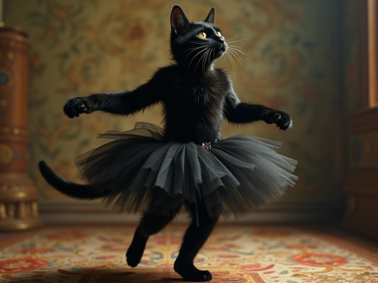 Realistic rendering of a young black humanoid cat in a tutu twirling like a star dancer with a baroque ambiance.