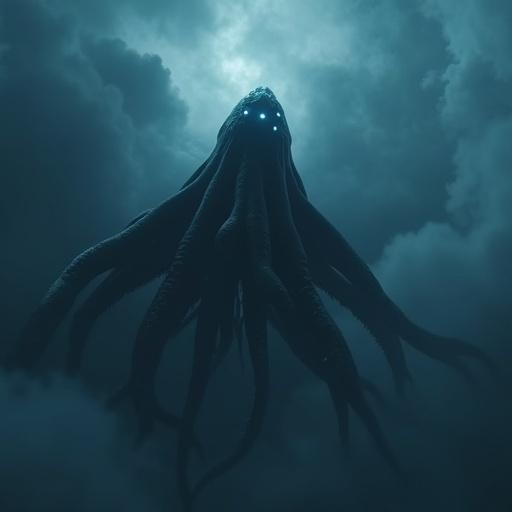 Create a dark cinematic view looking up at a huge black smooth tentacled creature. The creature has a round pointed head and six small glowing eyes. Its long smooth shiny tentacles breach dark clouds high in the sky. The scene features realism, soft reflections, detailed shadows, and HDR effects. Overall atmosphere enhanced with a dark blue filter and fog.