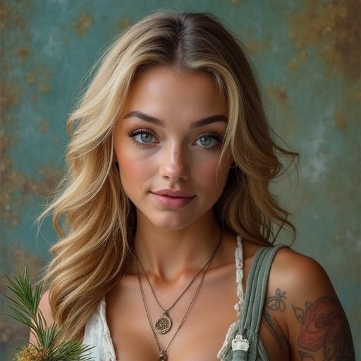 Portrait of a young woman with long blonde hair wearing light clothing. She has a calm expression, adorned with necklaces and holding a floral element. Vosa na bonbónu presents beauty accents through natural elements.
