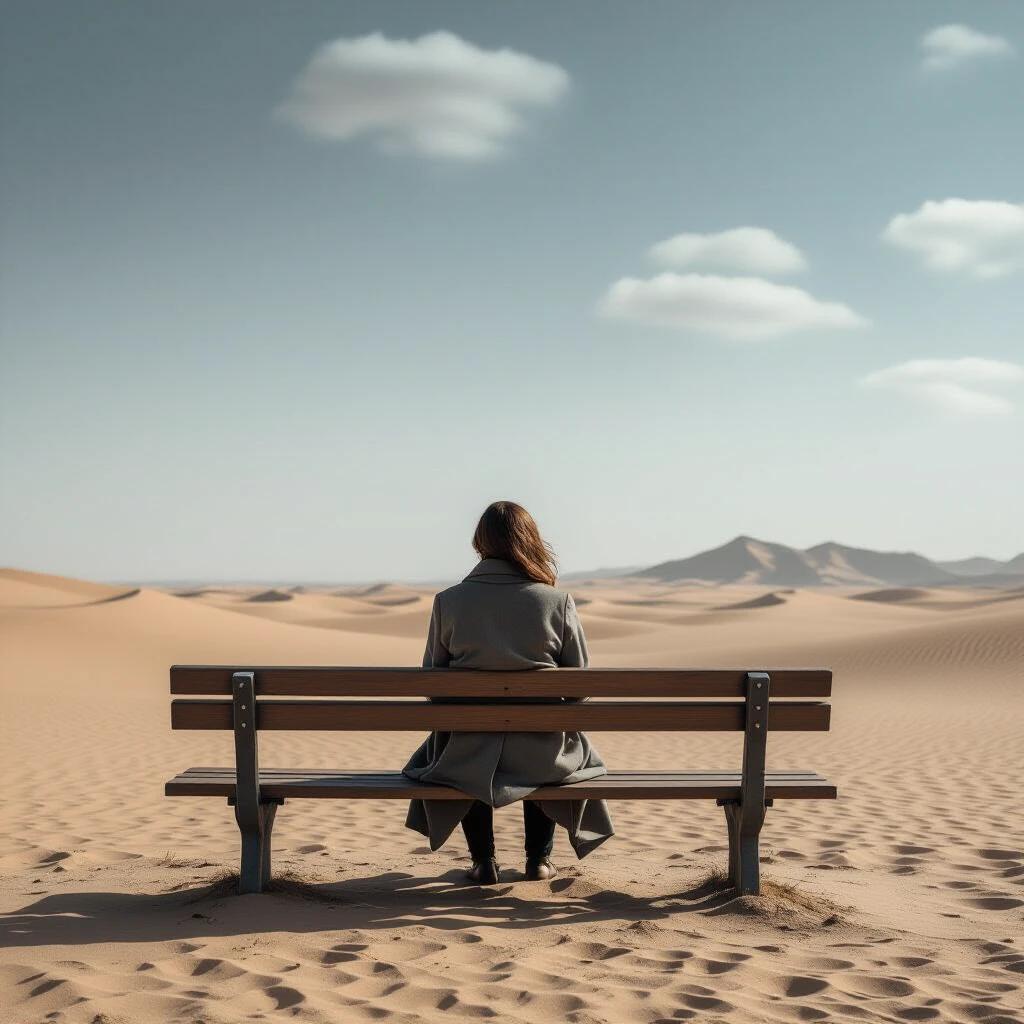 Portrait of person on a bench in a vast desert. Subject is facing away, wearing a long coat. Sky is cloudy. Emphasizes isolation and introspection. Contains desaturated colors and negative space.