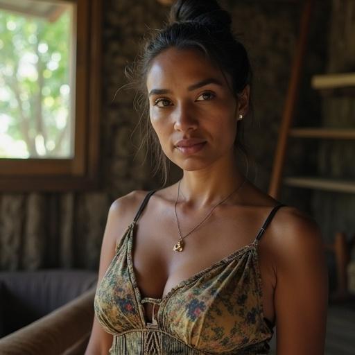 Realistic photograph featuring a woman in a home setting. The setting has natural light and earthy colors. The woman displays a confident expression and wears a stylish outfit.