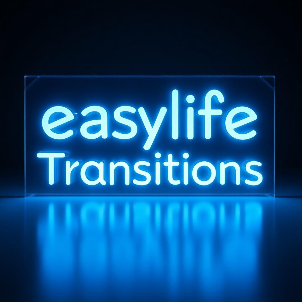 Glowing text 'easy life Transitions' in translucent blue color. Illuminated letters create neon-like effect. Text appears to float with reflection underneath. Modern and tech-savvy design suitable for branding. Light blue hue adds visual appeal.