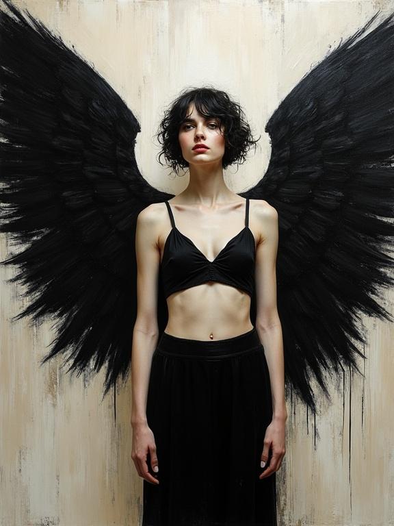 A neoclassical, post-impressionistic oil painting with textured and surreal elements. Features a beautiful female angel with large black feathered wings. The angel is wearing minimal clothing. The painting uses impasto technique with bold brushstrokes and textures.