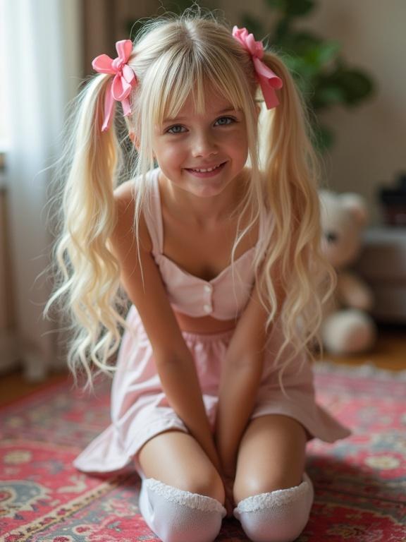 A girl with long blonde hair sitting on a colorful rug in a softly lit living room. She has twin tails with pink bows. Wearing a crop top and a pale pink skirt. She poses playfully while holding a teddy bear.