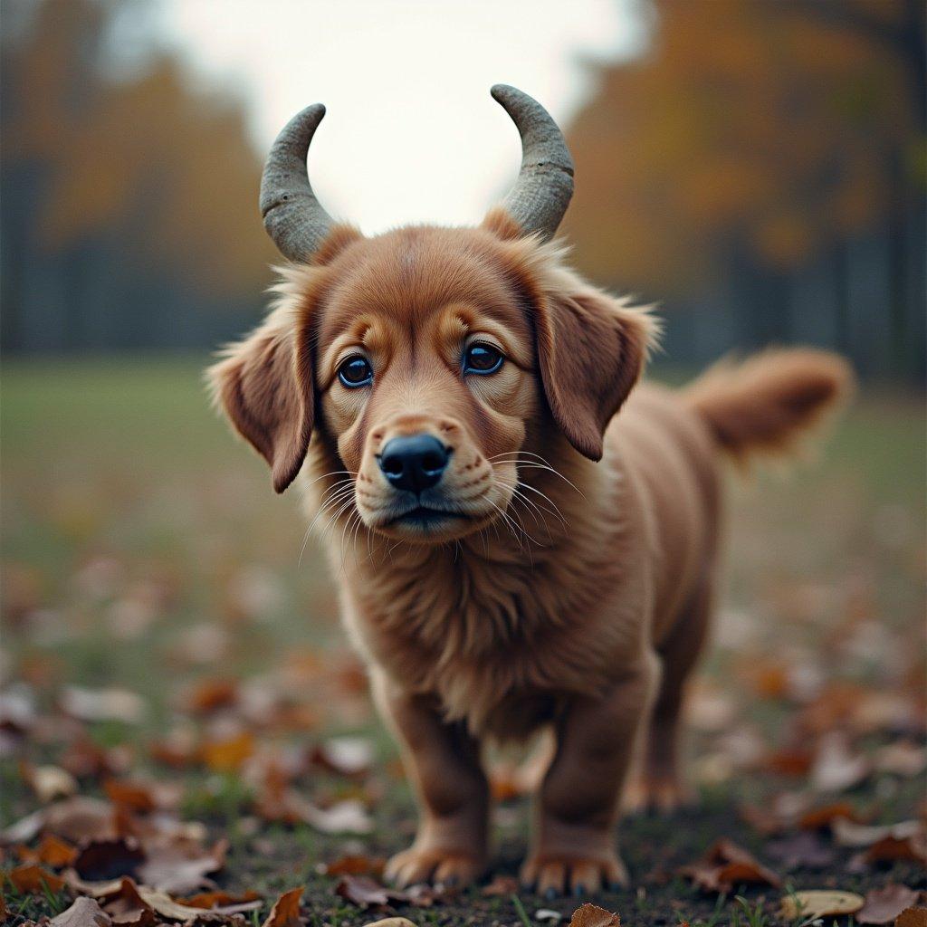 A dog has horns and stands in a park during fall. Colorful leaves are on the ground and trees in the background. The scene captures a playful essence.