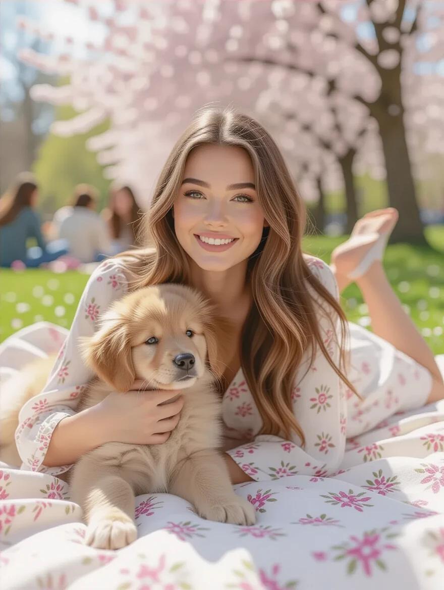 Young woman lies on a picnic blanket in a spring park. She cuddles a golden retriever puppy. Light floral dress contrasts with the green grass. Cherry blossom petals fall around her. Families blurred in background. Sunlight enhances her makeup and skin tone.