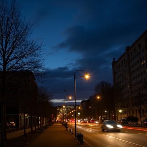 Nighttime view of a city street. Sky filled with clouds. Trees line the road. Buildings in the background. Motor vehicles driving. Street illuminated by lamps. Light reflections on wet pavement.